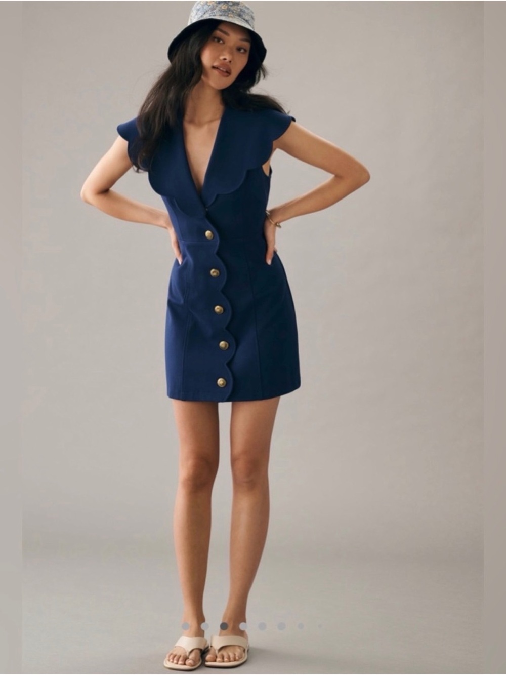 Maeve Navy Scallop-Trim Button Mini Dress